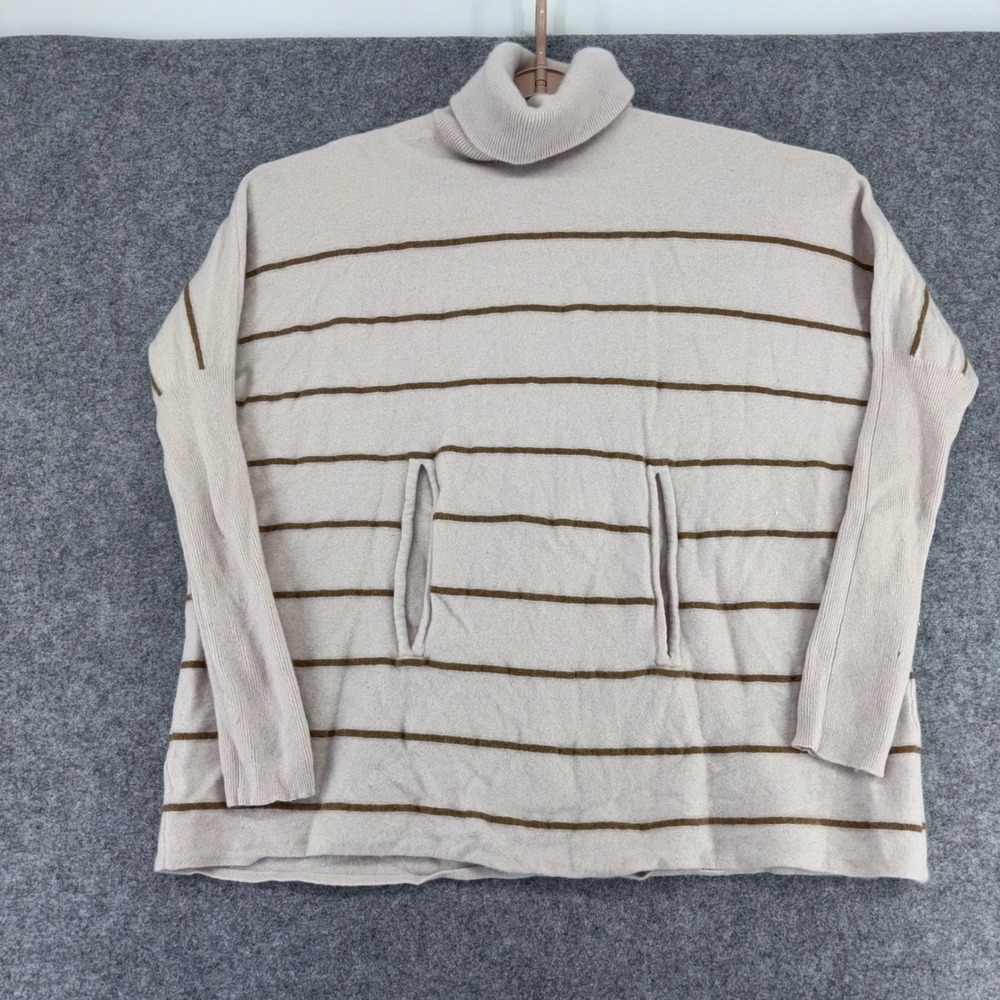 Garnet Hill Wool Cashmere Striped Turtleneck Sweater Beige Brown Medium